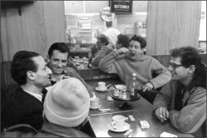 From left to right: Larry Rivers, Jack Kerouac, David Amram, Allen Ginsberg, Gregory Corso (with back to camera)  